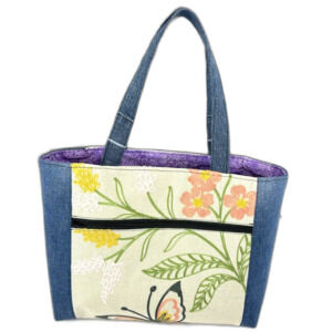 Handmade Upcycled Denim Tote Bag Front Zipper Pockets On The Back and Inside